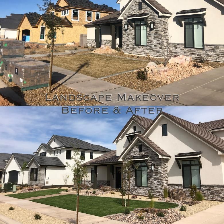 A before and after photo of a landscape makeover