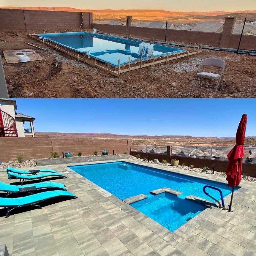 A before and after picture of a swimming pool being built