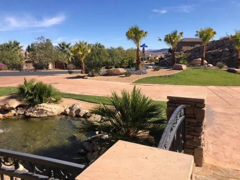A bridge over a pond with palm trees in the background