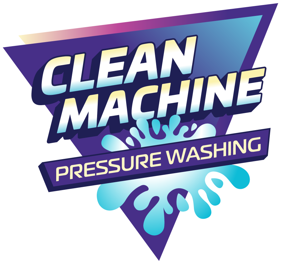 Clean Machine Pressure Washing logo in white, blue, purple, and teal
