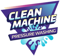 Clean Machine pressure washing logo in purple and blue with water splash icon