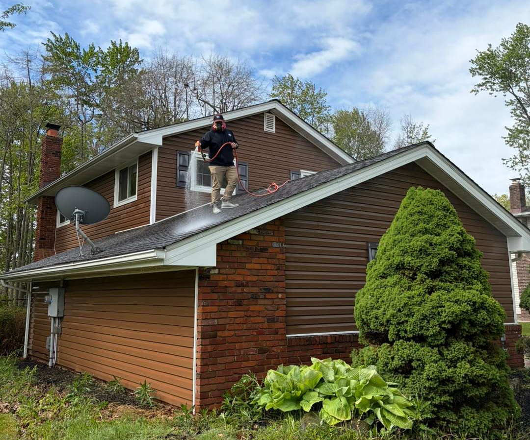 Person on a rooftop above a brick-and-wood house with a satellite dish and trees nearby