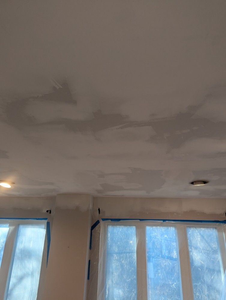 Ceiling with patched areas and windows covered with blue sheeting.