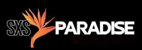 SXS Paradise logo with orange palm tree and white text on black background