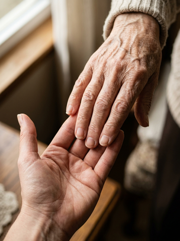 Eine ältere Hand berührt in einer warmherzigen, unterstützenden Geste am Fenster eine jüngere Hand.
