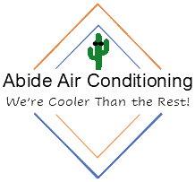 Logo for Abide Air Conditioning featuring a green cactus with sunglasses, inside a diamond frame, with the tagline.