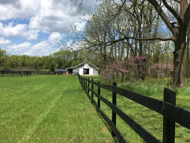 Green field with black fence, white barn, and trees under a cloudy sky.