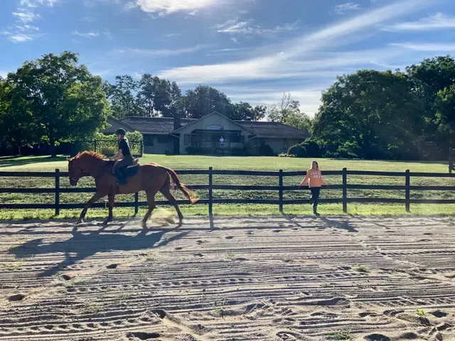 Person riding a brown horse in a sandy ring, another person watches. Wooden fence and house in the background. Sunny day.