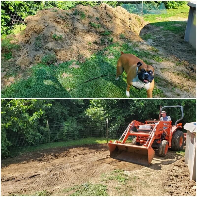 A dog is standing next to a pile of dirt and a man is driving a tractor.