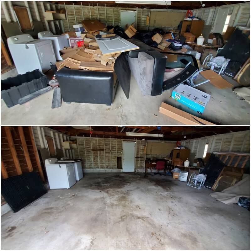 A before and after picture of a garage filled with furniture and boxes.