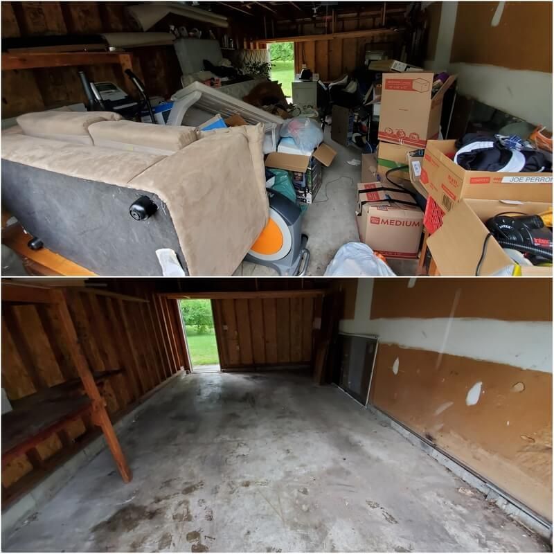 A before and after picture of a garage filled with boxes and furniture.
