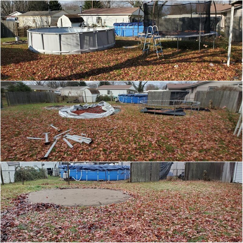 Three pictures of a backyard with a pool and trampoline