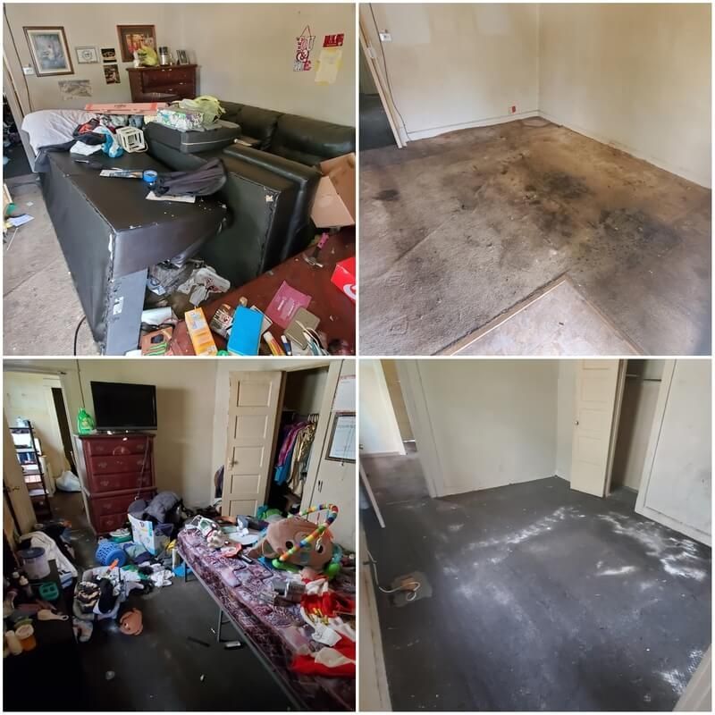 A collage of four pictures of a messy room.