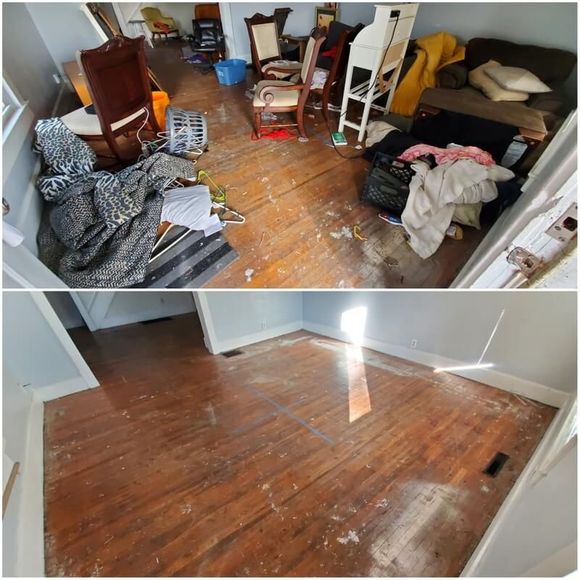 A before and after photo of a messy living room.