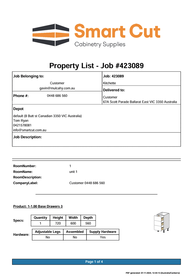 Detailed information about product sizes, colours, number of shelves, drawer heights and depths, margins and hardware.