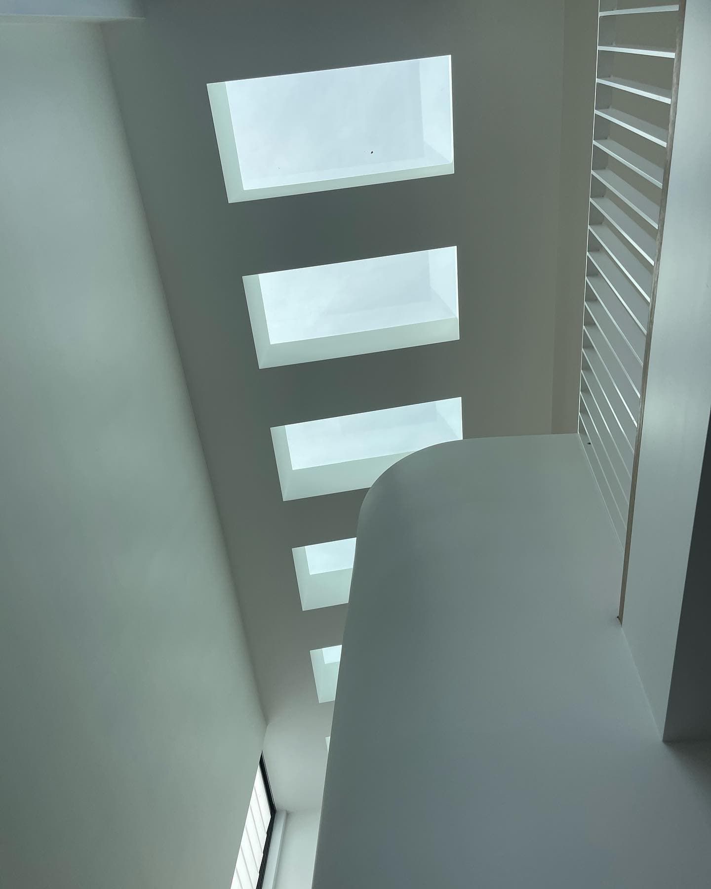 White ceiling with rectangular skylights, curved white wall, and slatted window — Escarpment Building in Austinmer, NSW