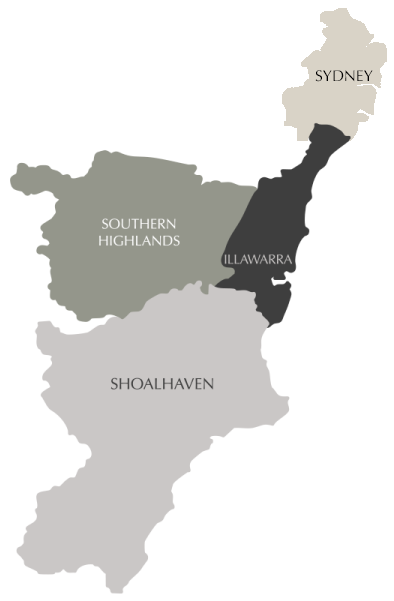 Map of Southern Highlands, Illawarra, Sydney and Shoalhaven regions, NSW, Australia, in shades of gray — Escarpment Building in Austinmer, NSW