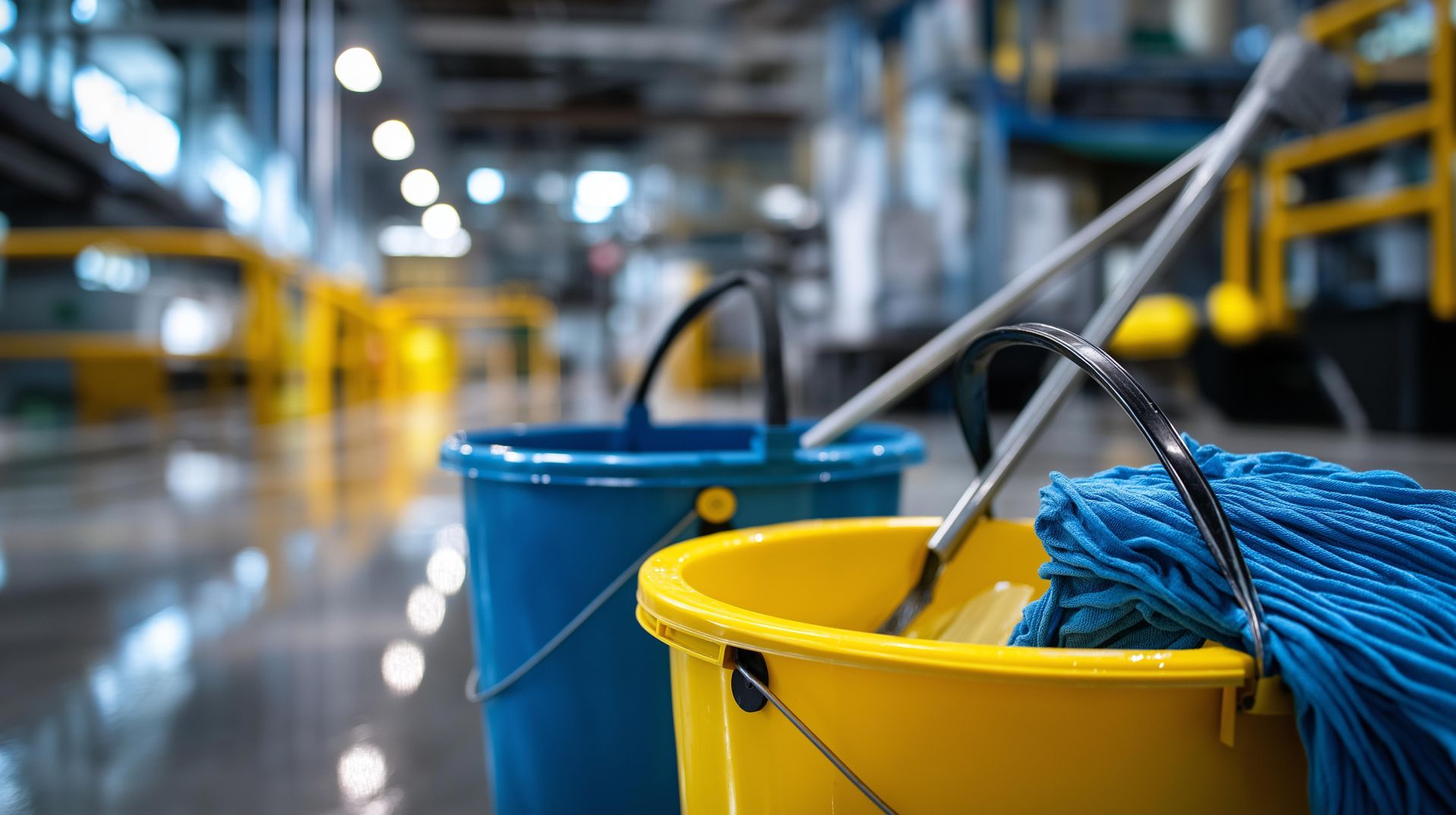 Blue and yellow mop buckets on a shiny industrial floor in a cleaning facility