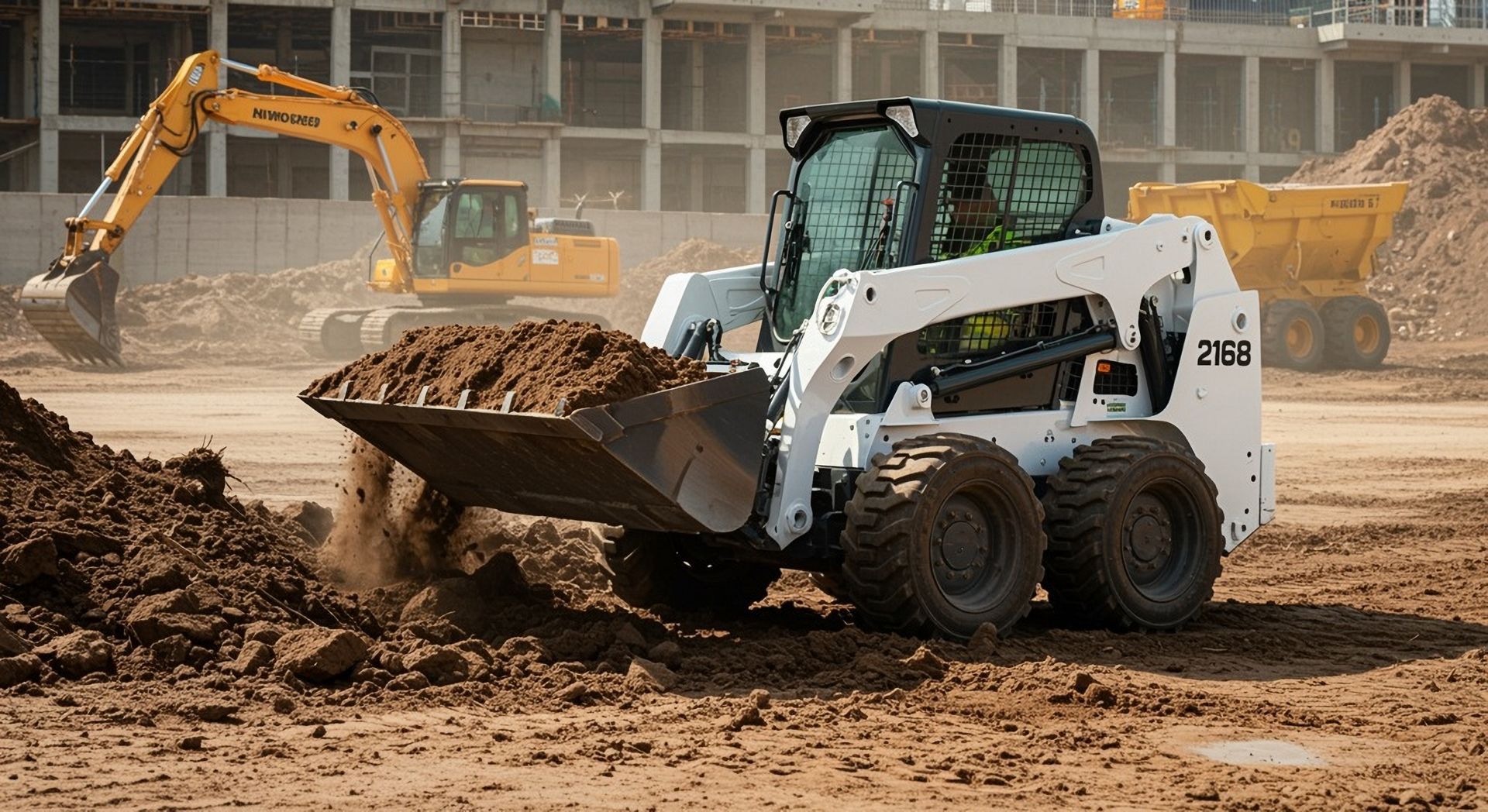 White skid-steer loader carrying dirt at a muddy construction site with excavators in the background