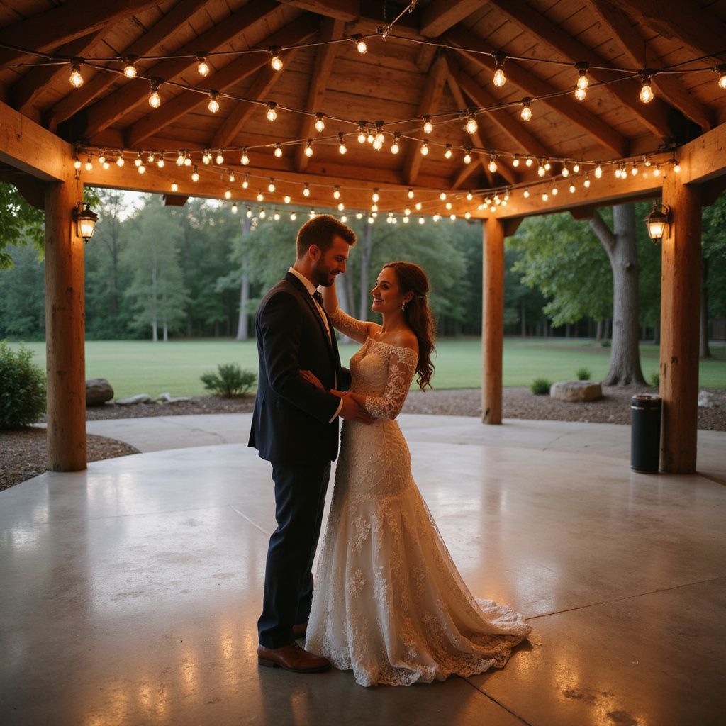 Couple dancing under string lights in a wooden pavilion at dusk