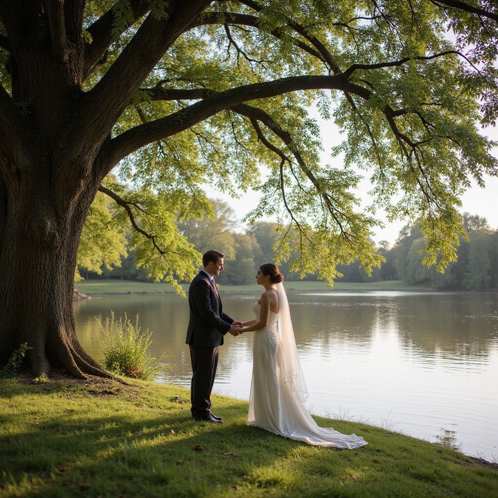 Bride and groom holding hands by a lakeside under a large tree at sunset