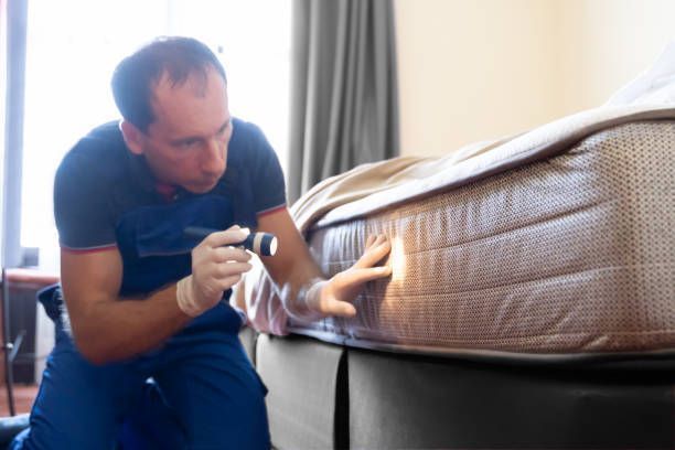 Technician in blue uniform checks mattress with light, representing termite extermination services.