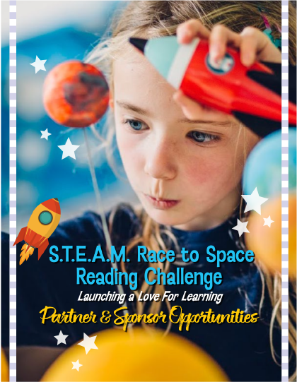 A girl focused on toy rocket. S.T.E.A.M. Reading Challenge promotional graphic with space theme and planet props.