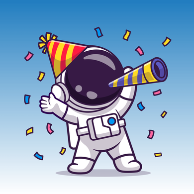 Cartoon astronaut with a party hat, noisemaker, and confetti.