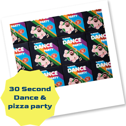 30-Second Dance Party logo in a repeated pattern. Text: 30 Second Dance & pizza party.