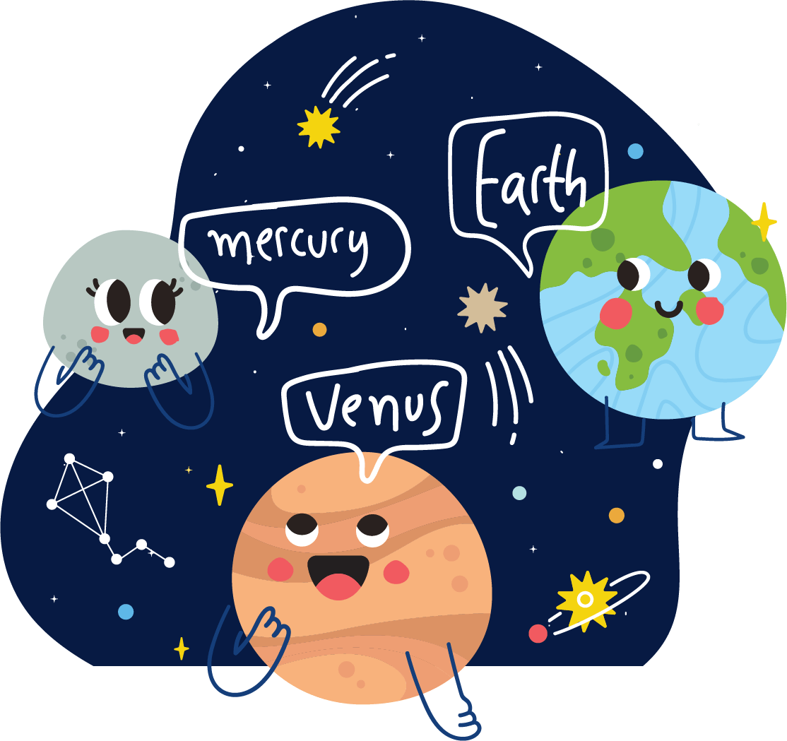 illustrated Mercury, Venus, and Earth with cute faces in space