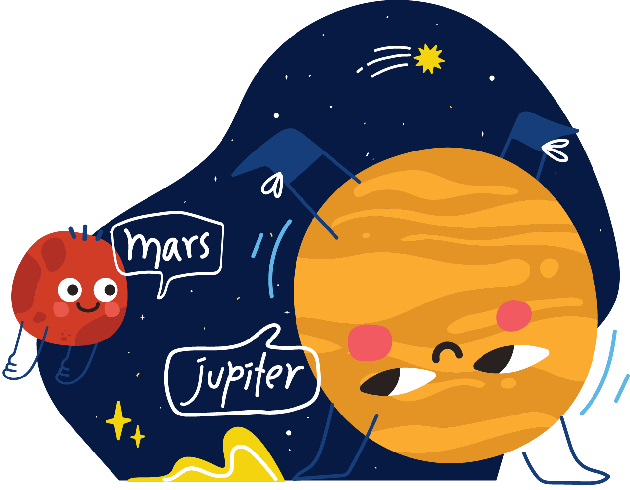 illustrated Mars and Jupiter with cute faces