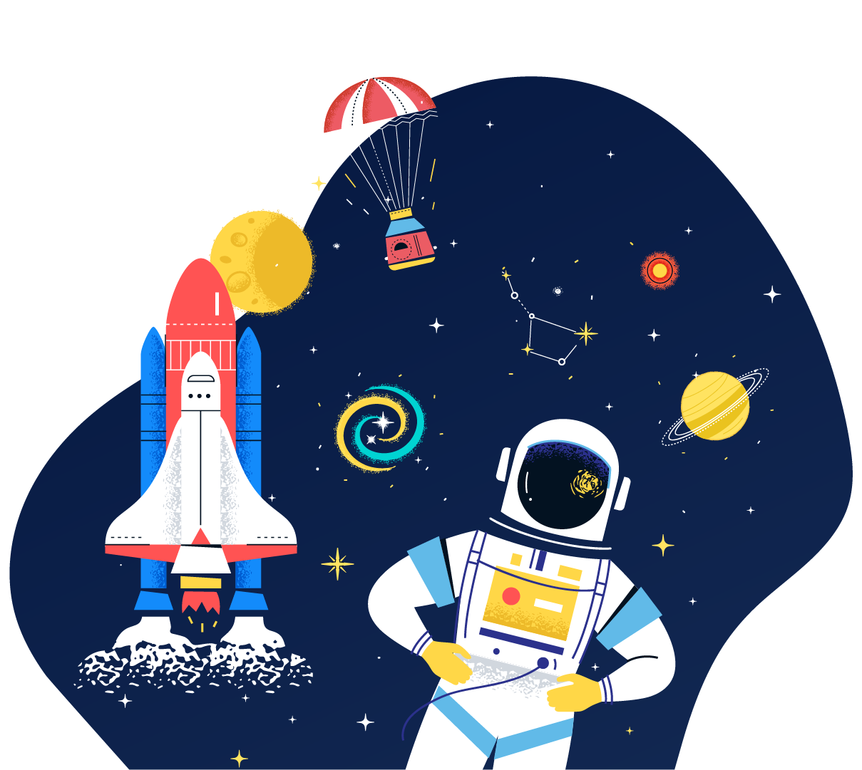 Astronaut in space, looking at rocket ship, planets, constellations, and a landing pod with a parachute.