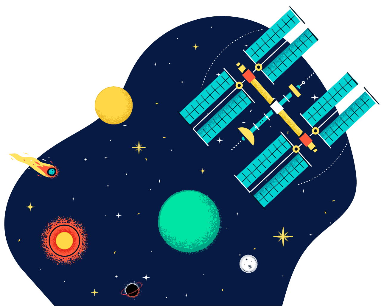 illustrated satellite in space with planets, stars, and asteroid