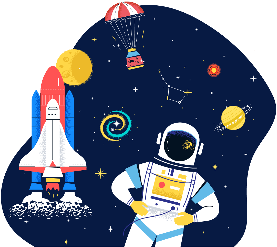 illustrated space shuttle and floating astronaut against a space sky with stars and planets