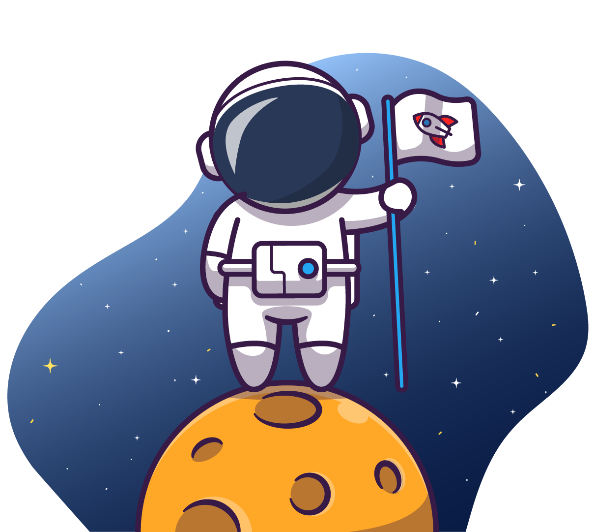 Astronaut standing on a planet, holding a flag.