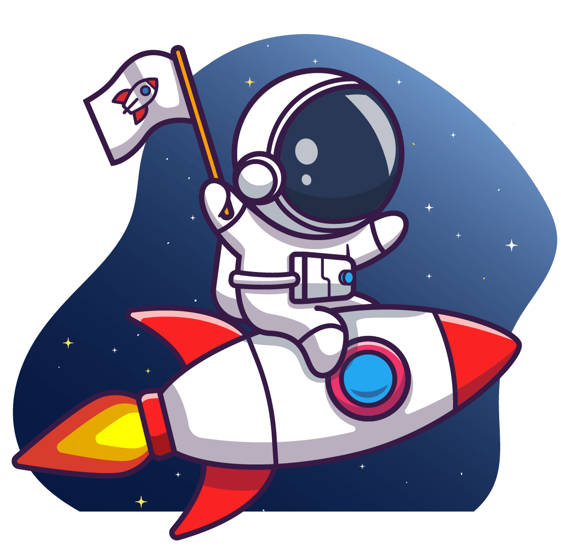 illustrated astronaut holding a flag and sitting on a flying rocket