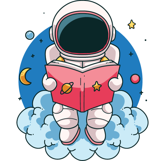 Cute illustrated astronaut wearing helmet, sitting on a cloud, and reading a book