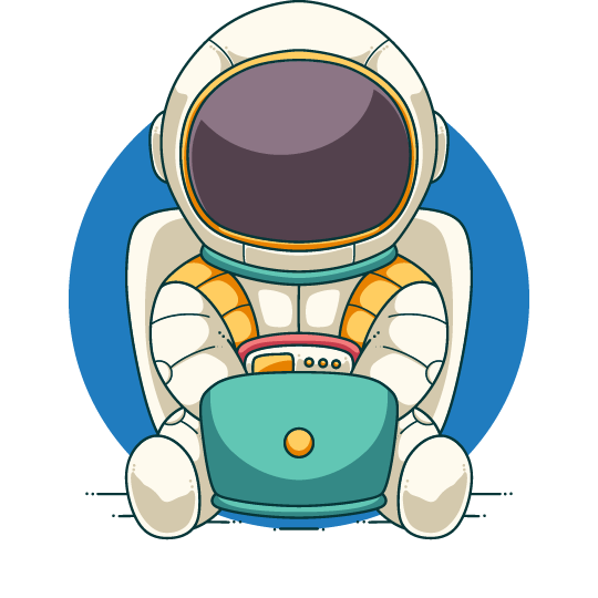 Cute illustrated astronaut wearing a helmet and sitting with laptop