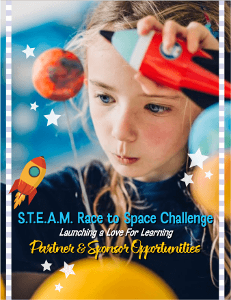 Girl looking at a solar system model and holding a toy rocket in her hand. Text: S.T.E.A.M. Race to Space Challenge. Launching a Love for Learning. Partner & Sponsor Opportunities.