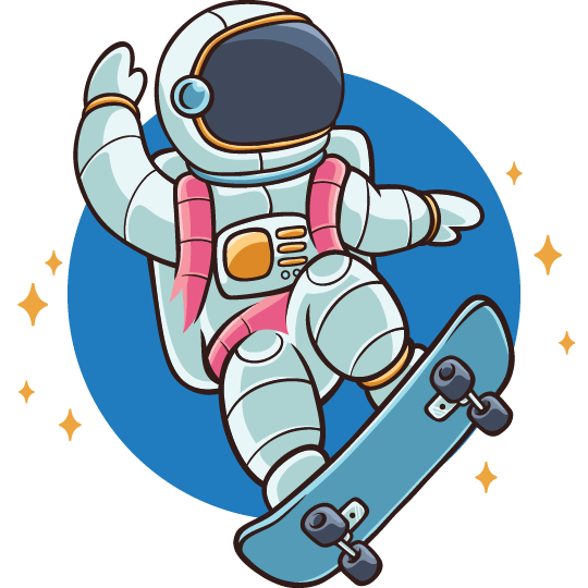 Cute illustrated astronaut wearing a helmet and having fun on a skateboard