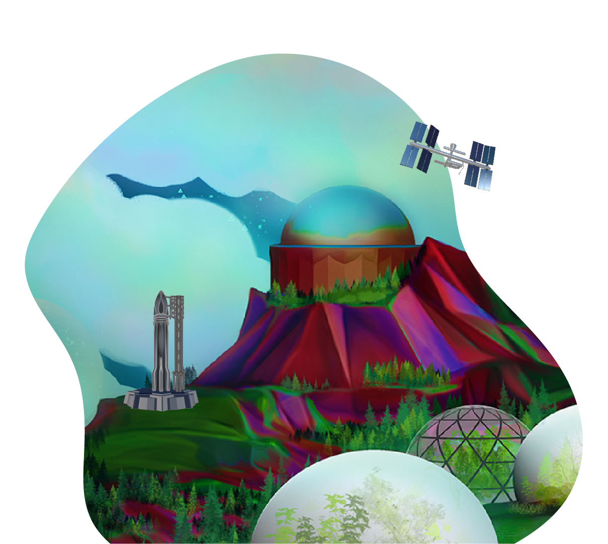 Fantasy landscape with colorful mountain, dome, satellite, and geodesic domes.