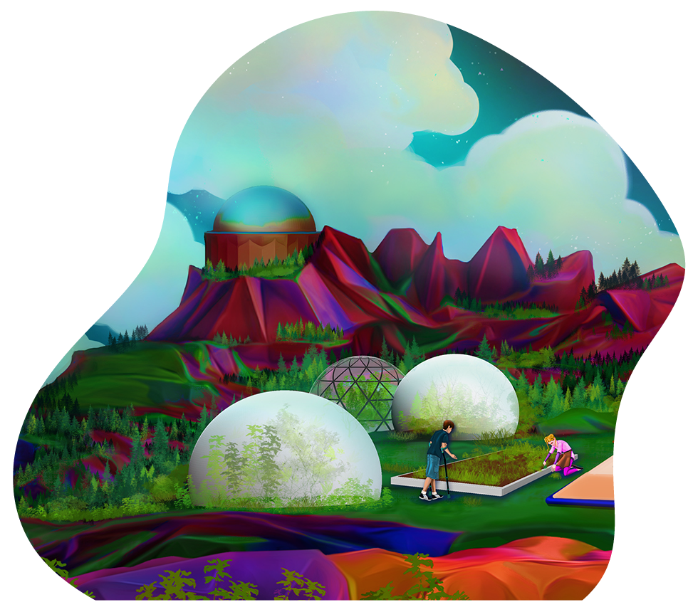 illustrated imaginary planet with spherical greenhouses and two students gardening