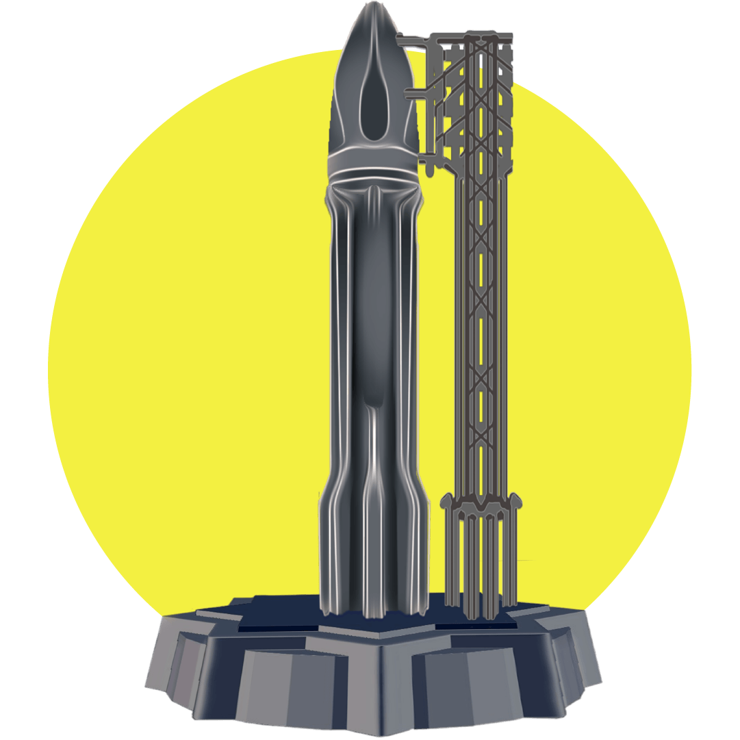 illustrated gray rocket against bright yellow circle