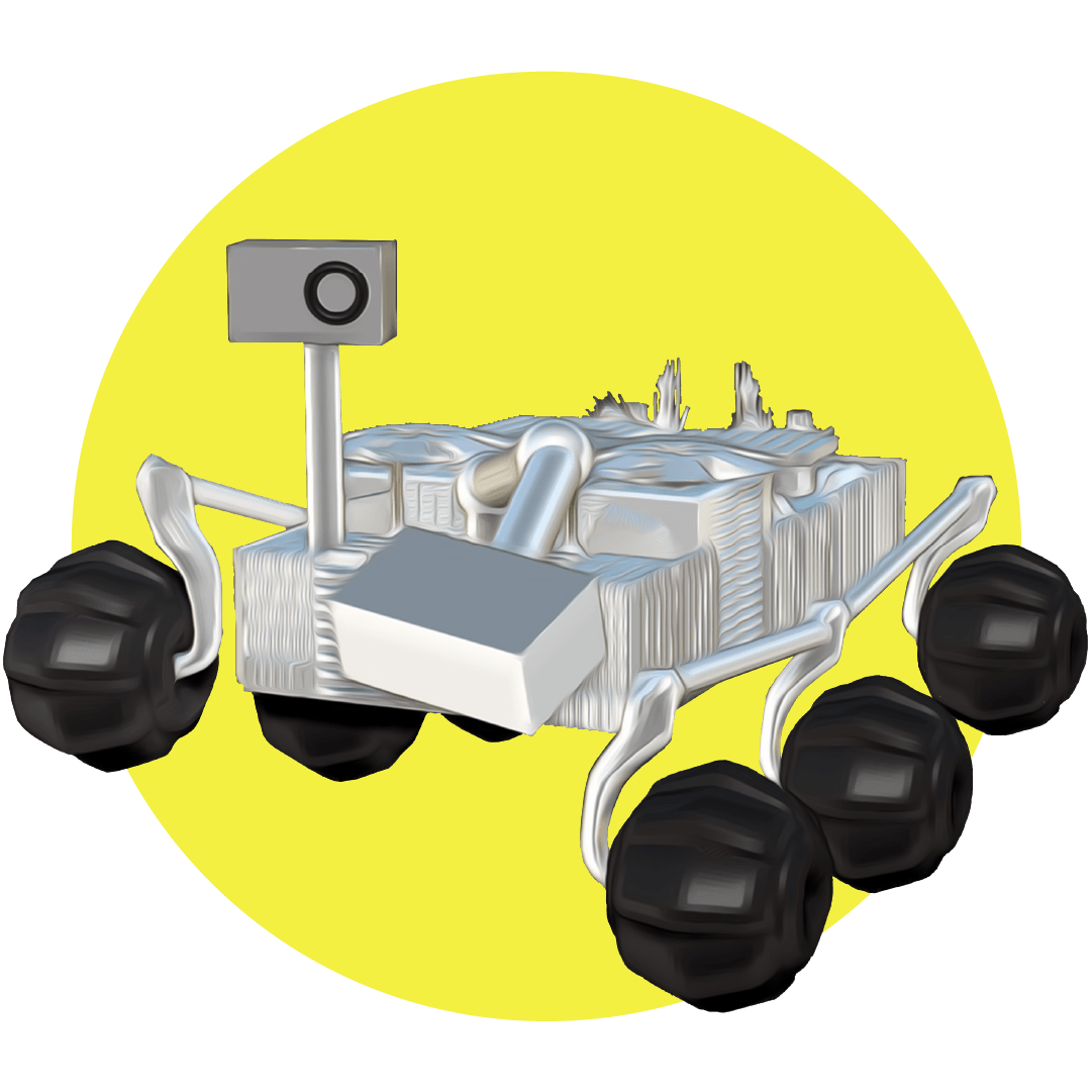 illustrated silver rover with black tires against a bright yellow circle