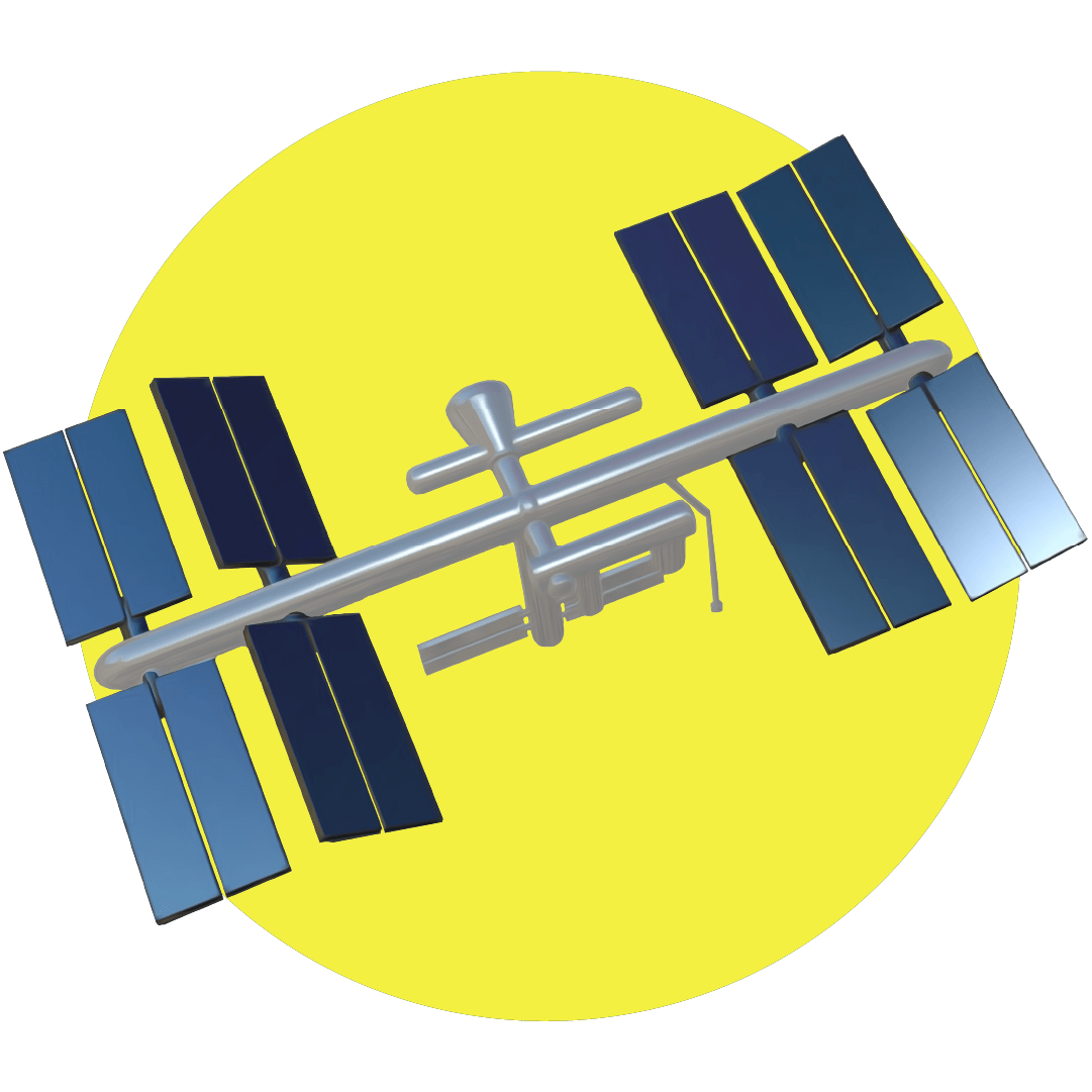 illustrated blue and gray satellite against a bright yellow circle