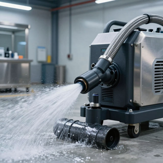 Industrial floor-cleaning machine spraying water in a factory-like room
