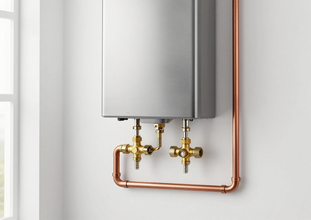Wall-mounted boiler with copper piping and brass valves against a white wall