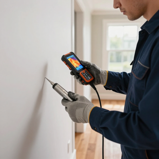 Technician using a thermal inspection camera to check a wall in a bright room