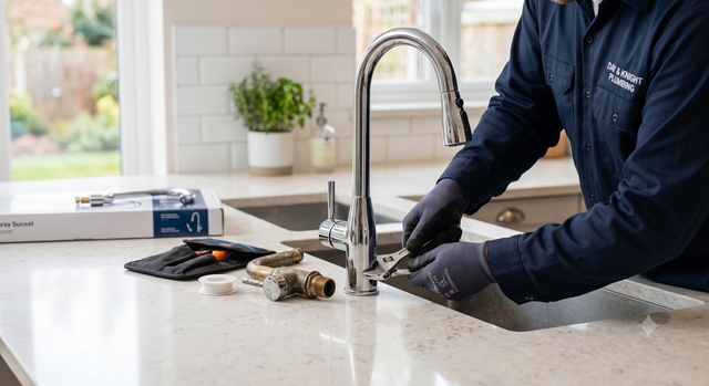 Plumber repairing a kitchen sink faucet on a white countertop, with tools nearby.