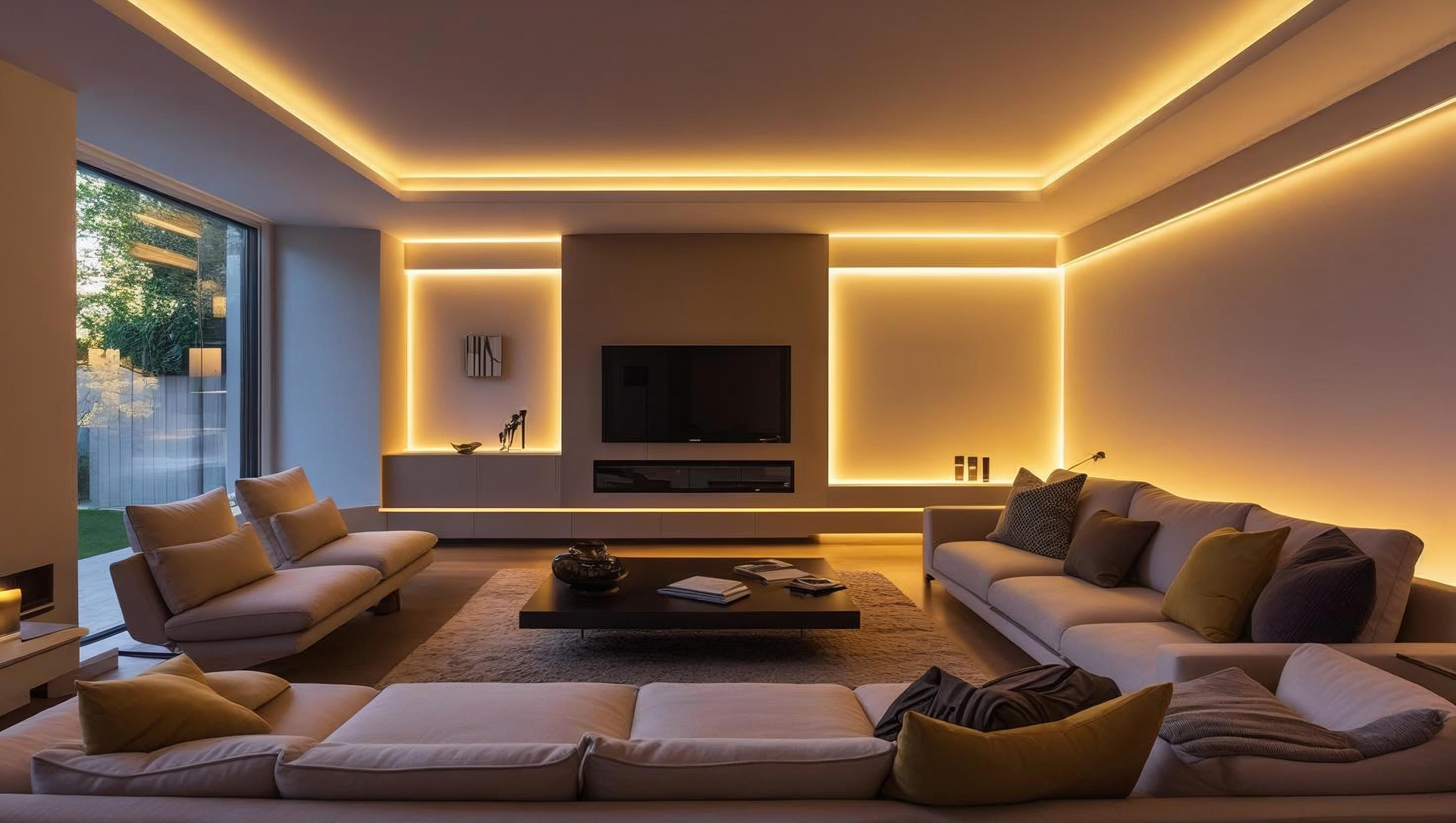 Een woonkamer met een bank, slimme verlichting, een tafel en een televisie.